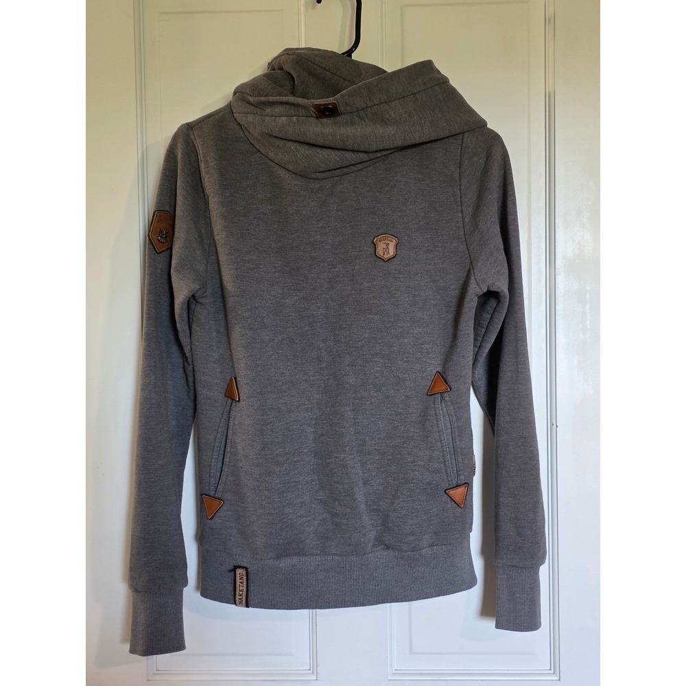 Naketano Womens Gray Shawl Neck Hoodie Faux Leather Trim Pullover Size Small